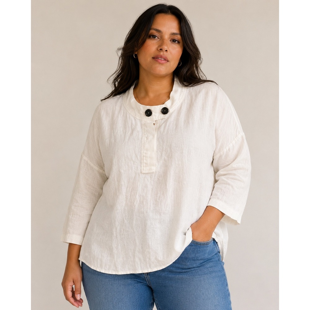 Zara Womens XL White 100% Linen Mock Neck Button Placket Long‎ Sleeve Blouse Top